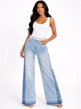 280. Emma High-Waist Wide Leg Two-Tone Light Blue Jeans